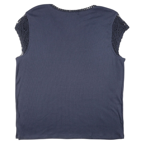 LRL Ralph Lauren Top Womens 2X Black Cotton Knit Crochet Cap Sleeve V Neck Shirt - Picture 2 of 7